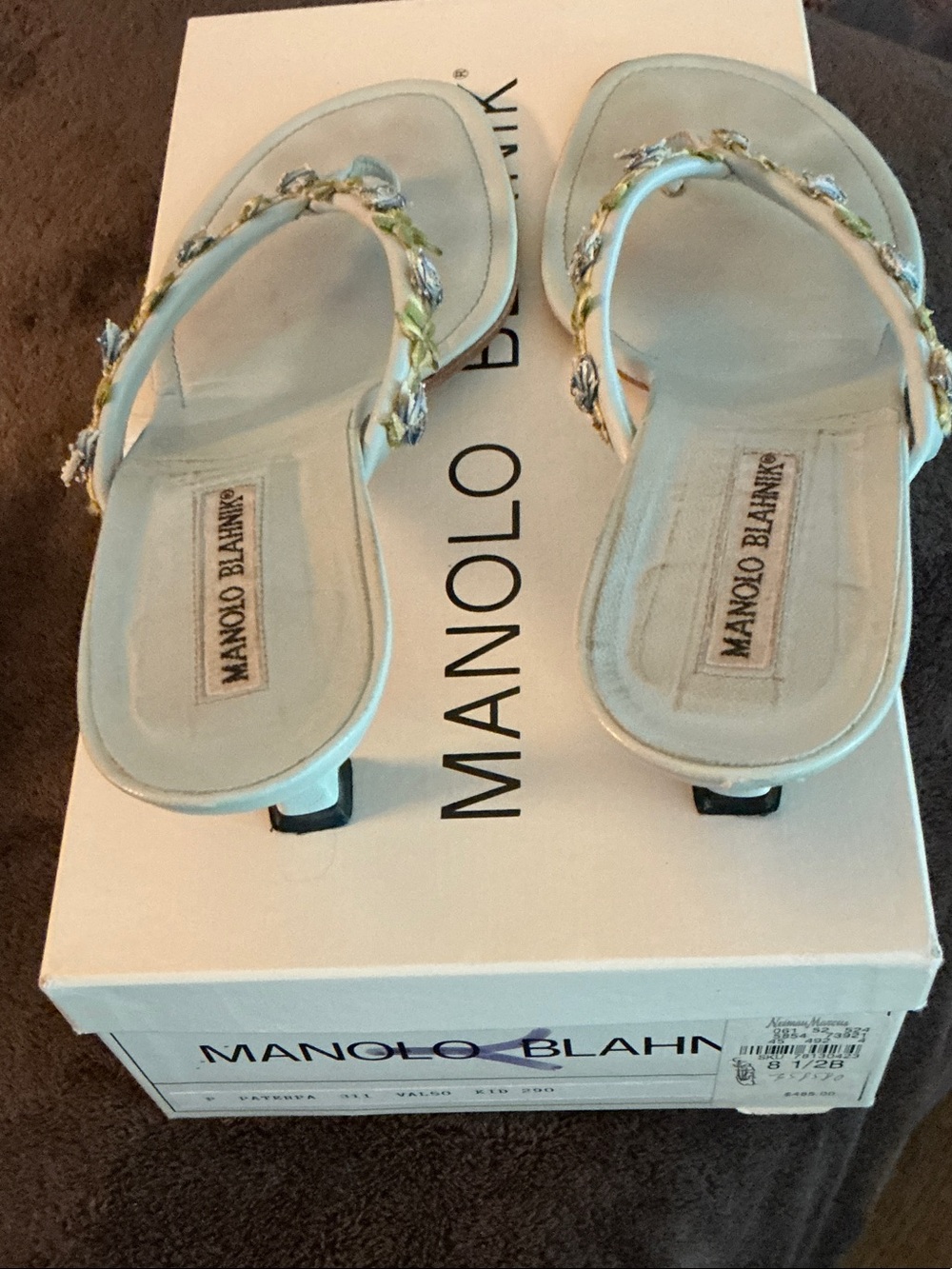 Vintage Manolo Blahnik Pale Blue Floral-Embellished Thong Sandals